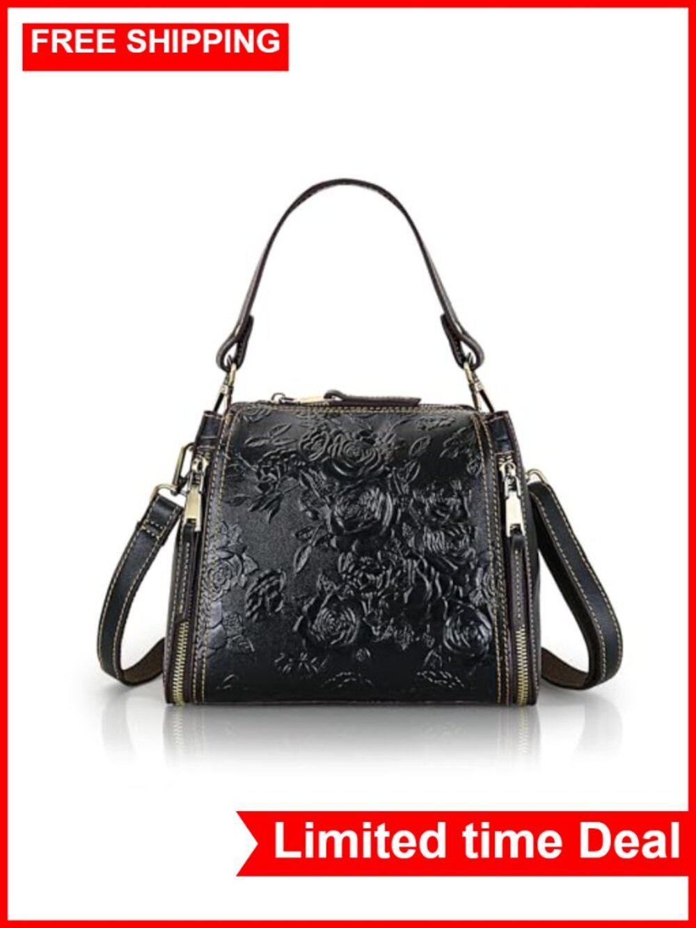 Vintage Leather Crossbody Satchel Tote Purse with Rose Embossing